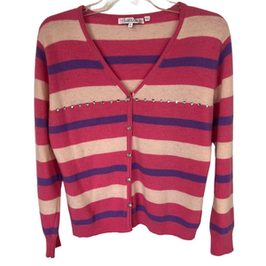 Lou Lou Wool Angora Cashmere Blend Pink Purple Striped Women's Cardigan Small